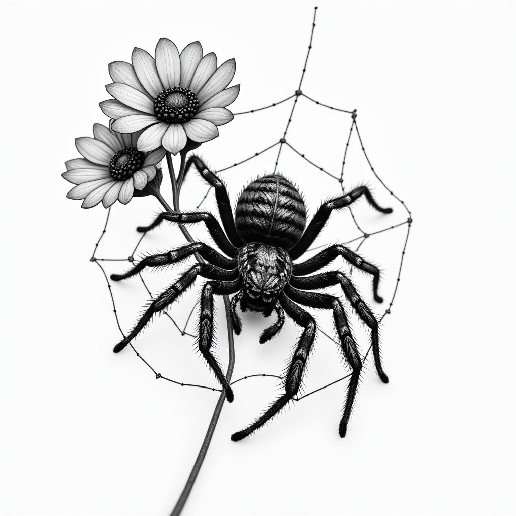 Small spider on web with flowers with stemin portrait tattoo style, featuring a highly realistic and detailed depiction  - Variation 74
