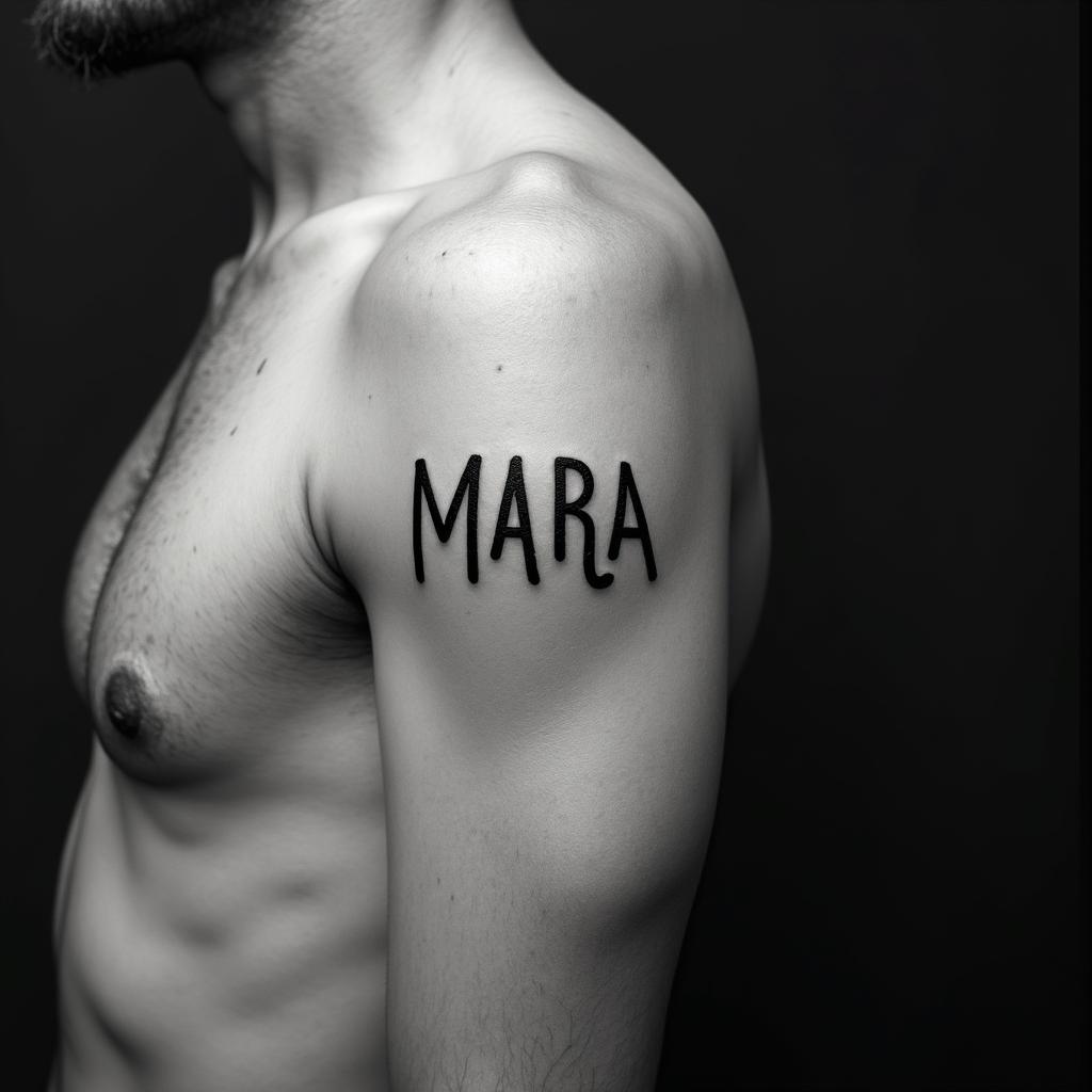 Mariaminimalist text-based tattoo, Monospace font ultra-realistic, perfectly placed, high-quality font design, photo-realistic shading, 8k, high quality, finely detailed typograph - Variation 16