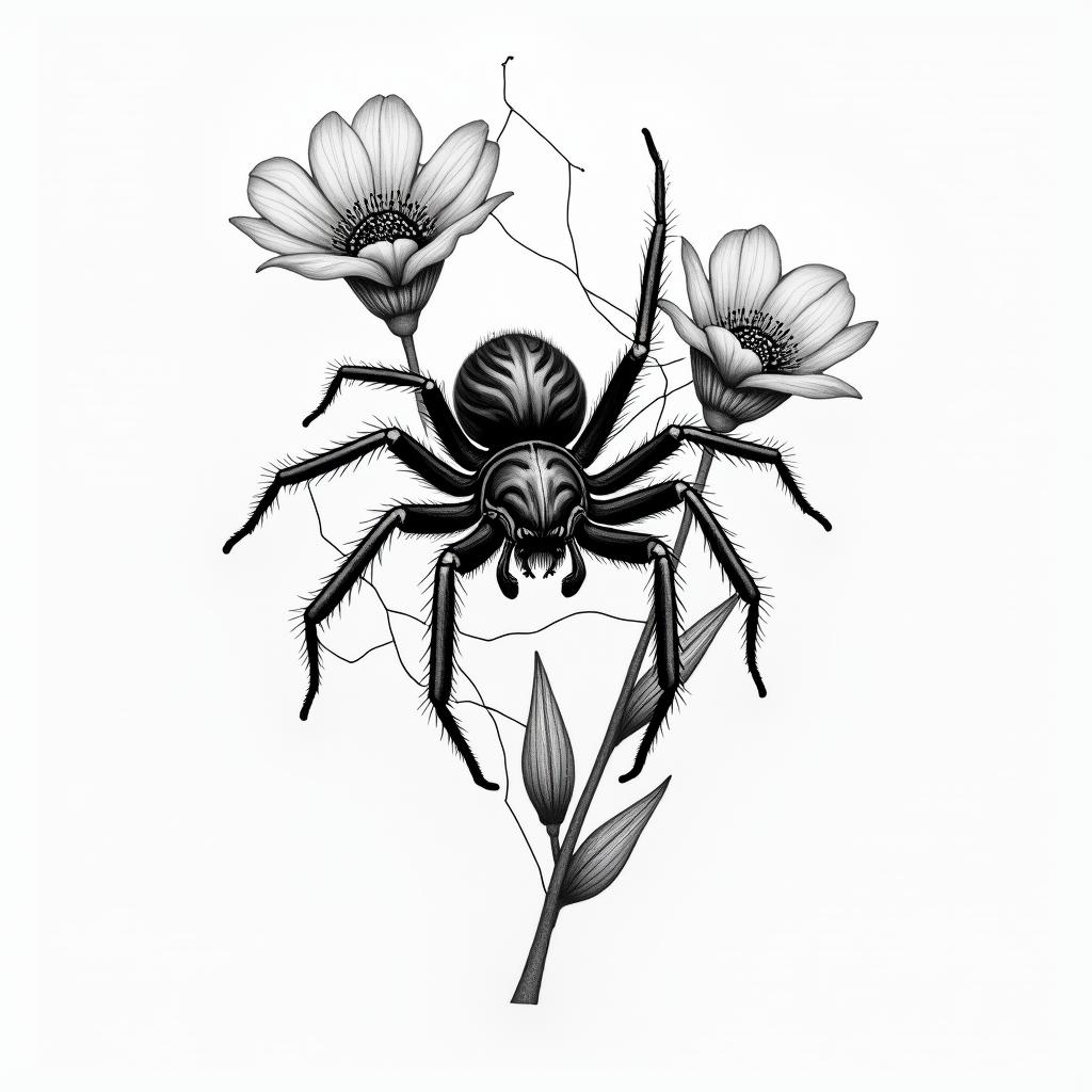 Small spider on web with flowers with stemin portrait tattoo style, featuring a highly realistic and detailed depiction  - Variation 71