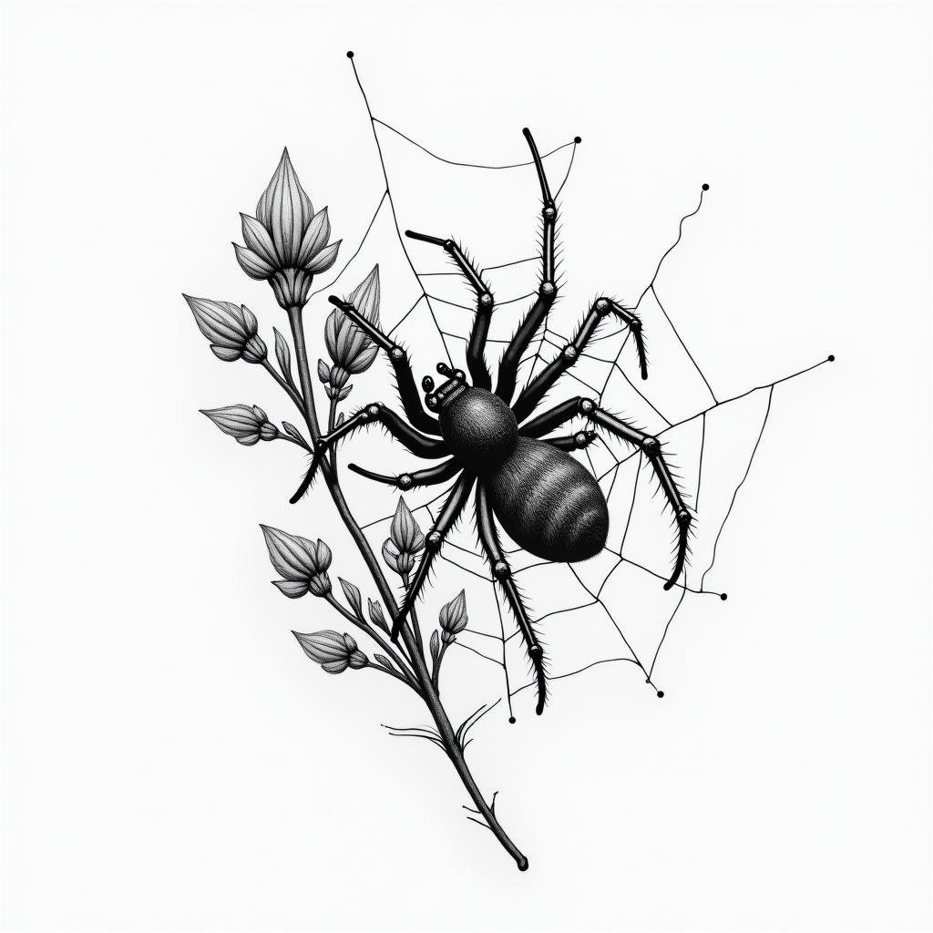 Small spider on web with flowers with stemin portrait tattoo style, featuring a highly realistic and detailed depiction  - Variation 69