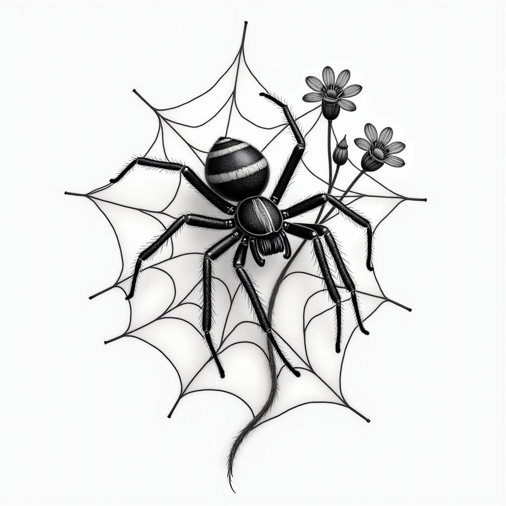 Small spider on web with flowers with stemin portrait tattoo style, featuring a highly realistic and detailed depiction  - Variation 70