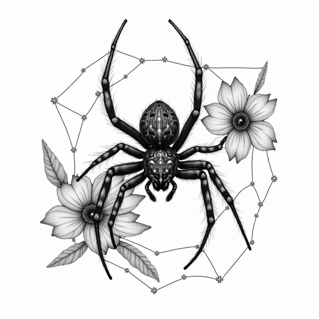 Small spider on web with flowers with stemin portrait tattoo style, featuring a highly realistic and detailed depiction  - Variation 68