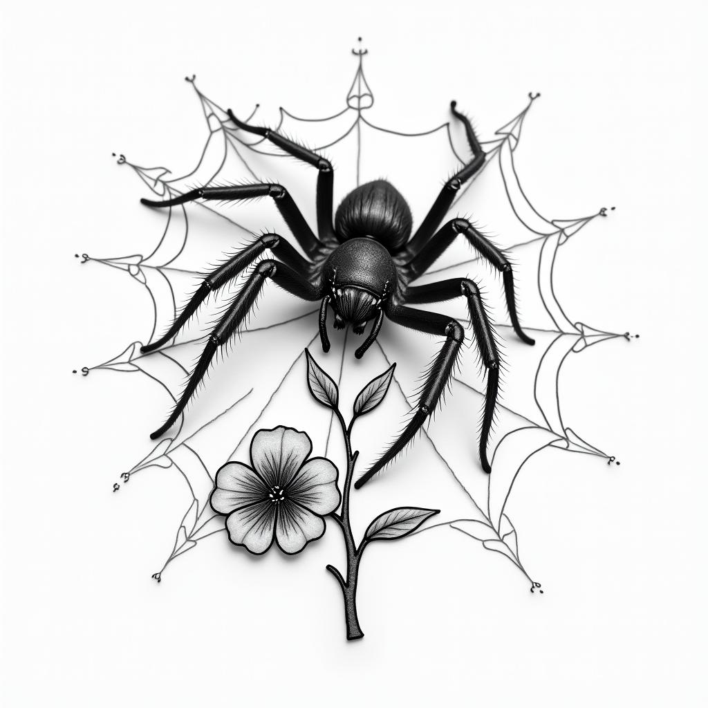 Small spider on web with flowers with stemin portrait tattoo style, featuring a highly realistic and detailed depiction  - Variation 65