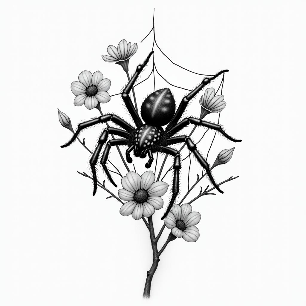 Small spider on web with flowers with stemin portrait tattoo style, featuring a highly realistic and detailed depiction  - Variation 67