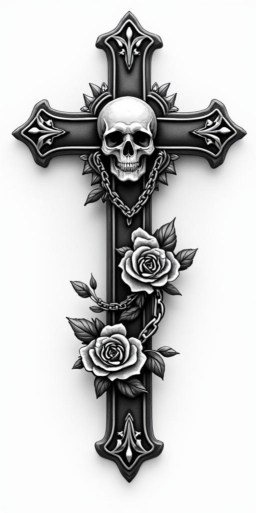 All because of not studying.in chicano style tattoo, featuring intricate black and grey shading, bold elements of traditional chicano culture symbols, add a big cross with skull, chains and roses - Variation 3