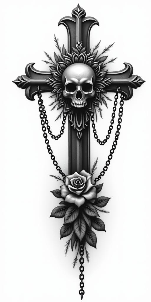 All because of not studying.in chicano style tattoo, featuring intricate black and grey shading, bold elements of traditional chicano culture symbols, add a big cross with skull, chains and roses