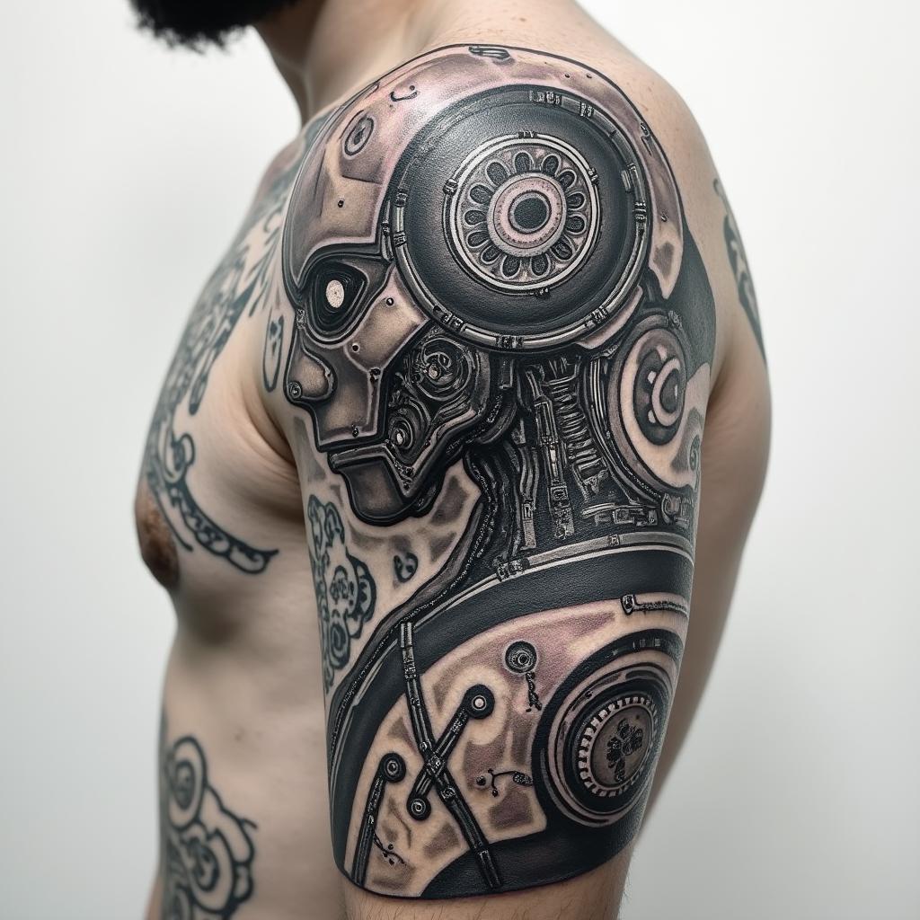 Mechanic/JDM car enthusiast sleevetattoo in biomechanic style, the tattoo covered by robotic elements of futuristic cyberpunk design, robotic features detail, showcasing intricate mechanical components
