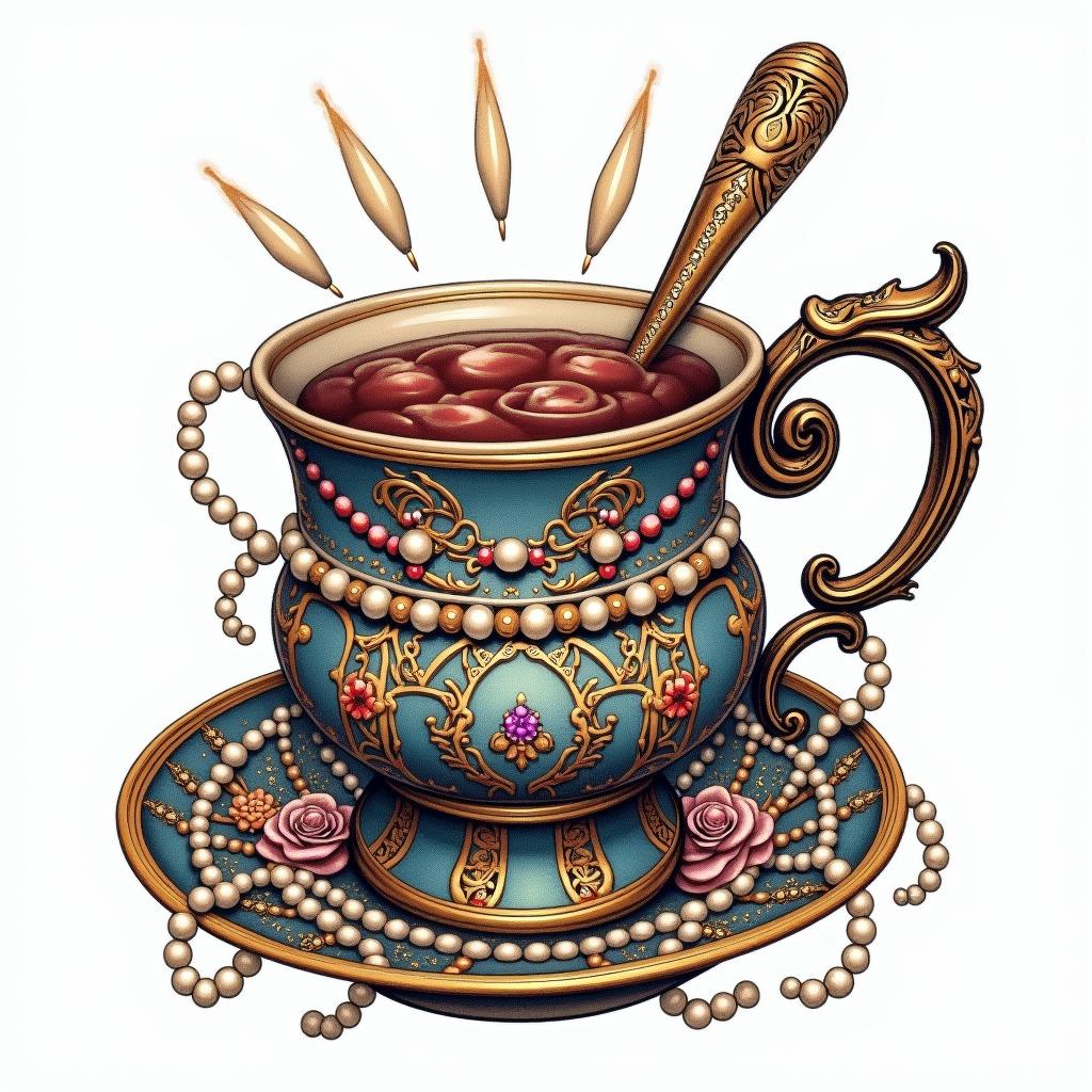 Old school sailor Jerry inspired illustration of a Teacup from the Victorian Renaissance era, heavily draped and adorned in pearls and chains with inlays of jewels and precious gemstones. Lots of colorin japanese style tattoo, detailed tattoo, traditional japanese culture tattoo, mythology, 8k - Variation 4