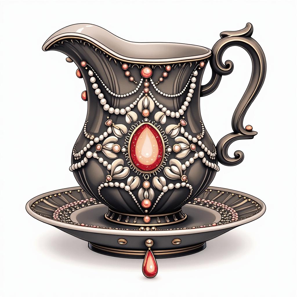 Old school sailor Jerry inspired illustration of a Teacup from the Victorian Renaissance era, heavily draped and adorned in pearls and chains with inlays of jewels and precious gemstones. Lots of colorin japanese style tattoo, detailed tattoo, traditional japanese culture tattoo, mythology, 8k