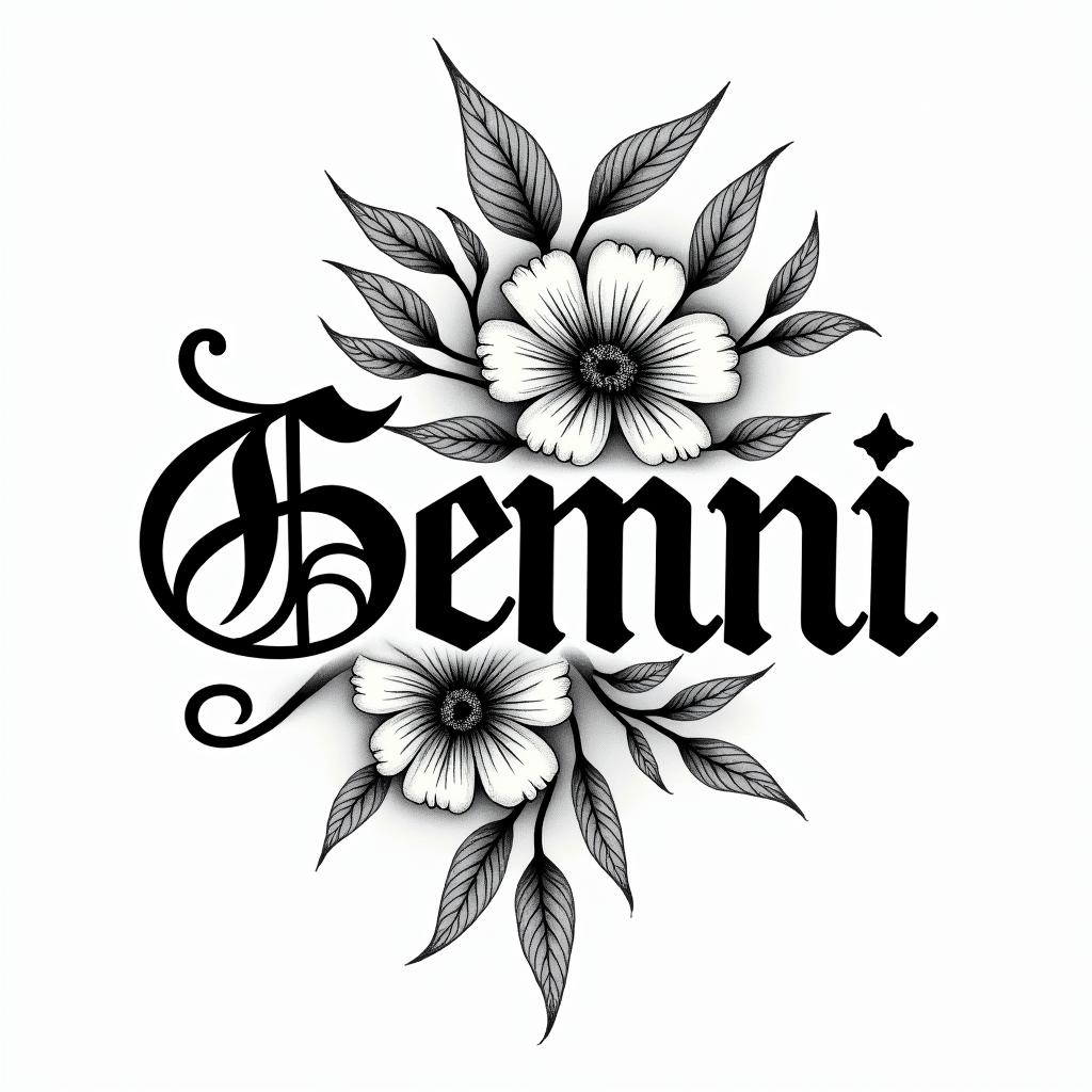Wildflowers, Gemini, Gothictext-based tattoo, gothic font ultra-realistic, perfectly placed, high-quality font design, photo-realistic shading, 8k, high quality, finely detailed typography - Variation 2