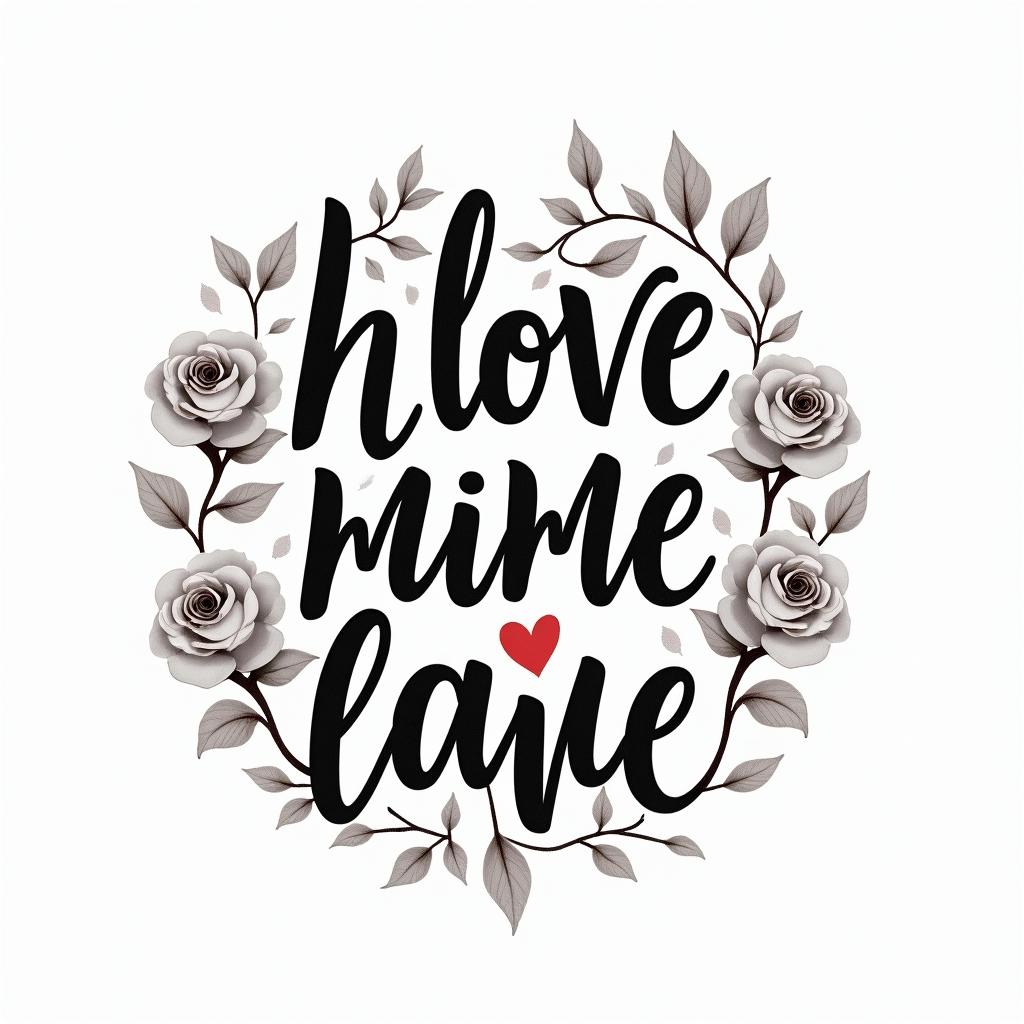 Flame outline backgroundin elegant cursive calligraphy style 2d tattoo, decorate with roses, featuring a smooth and flowing handwritten script with slightly thickened strokes for a luxurious and bold appearance,  heart symbol between names,  sleek and glossy black text with shadowing, minimalist matte white background, clean and sharp edges, illuminated with soft lighting, romantic, 8k, high-quality textures with refined typography - Variation 4