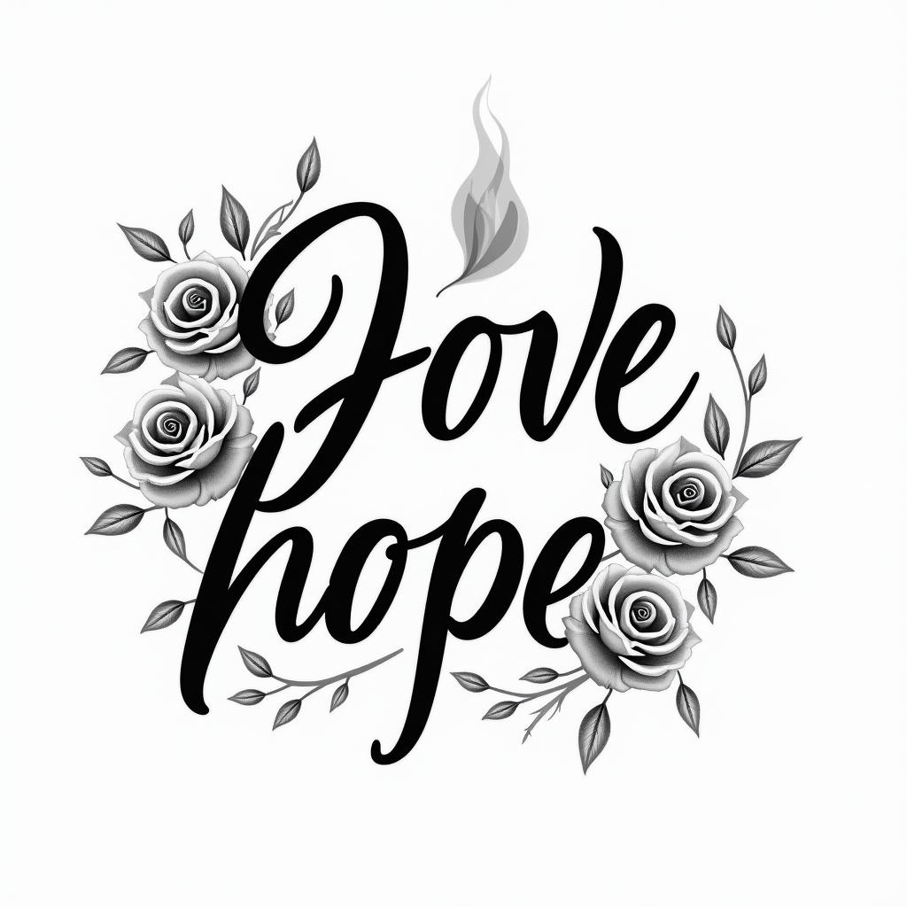 Flame outline backgroundin elegant cursive calligraphy style 2d tattoo, decorate with roses, featuring a smooth and flowing handwritten script with slightly thickened strokes for a luxurious and bold appearance,  heart symbol between names,  sleek and glossy black text with shadowing, minimalist matte white background, clean and sharp edges, illuminated with soft lighting, romantic, 8k, high-quality textures with refined typography - Variation 3