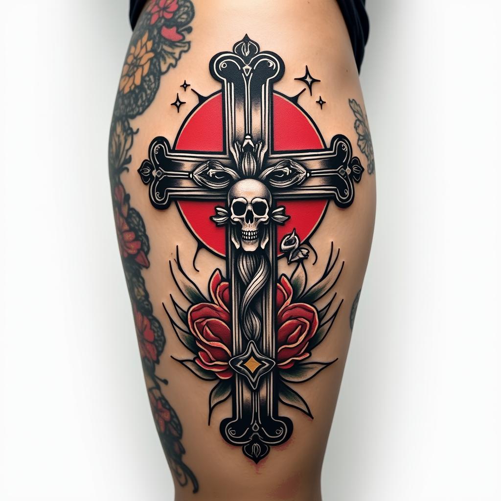 Cross tattoo on thigh for menin pop art style tattoo, featuring bold and vibrant colors, exaggerated outlines, iconic imagery, inspired by comic books and speech bubbles, comic book characters, retro pop culture