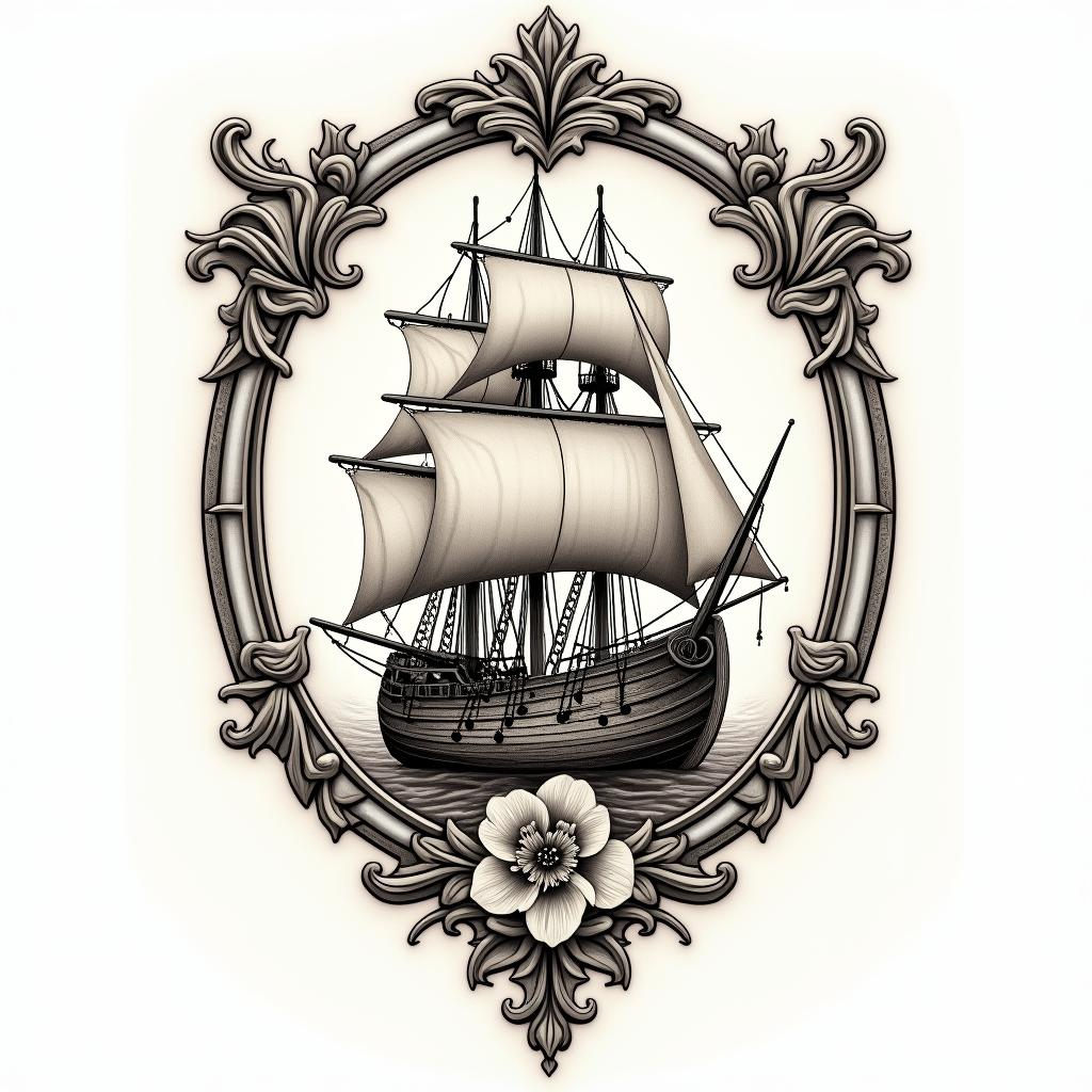 The Viking shipin victorian style tattoo, featuring vintage and elegant elements, ornate frames, roses, antique, sepia-toned color scheme