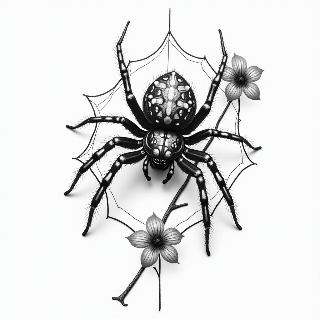 Small spider on web with flowers with stemin portrait tattoo style, featuring a highly realistic and detailed depiction  - Variation 60