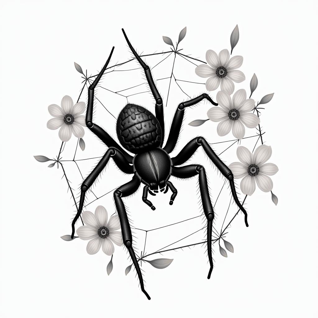 Small spider on web with flowers with stemin portrait tattoo style, featuring a highly realistic and detailed depiction  - Variation 58