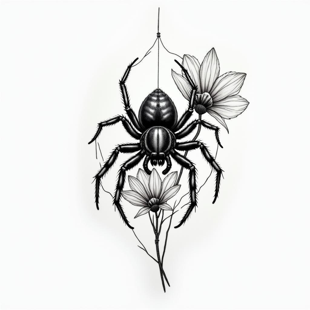 Small spider on web with flowers with stemin portrait tattoo style, featuring a highly realistic and detailed depiction  - Variation 53