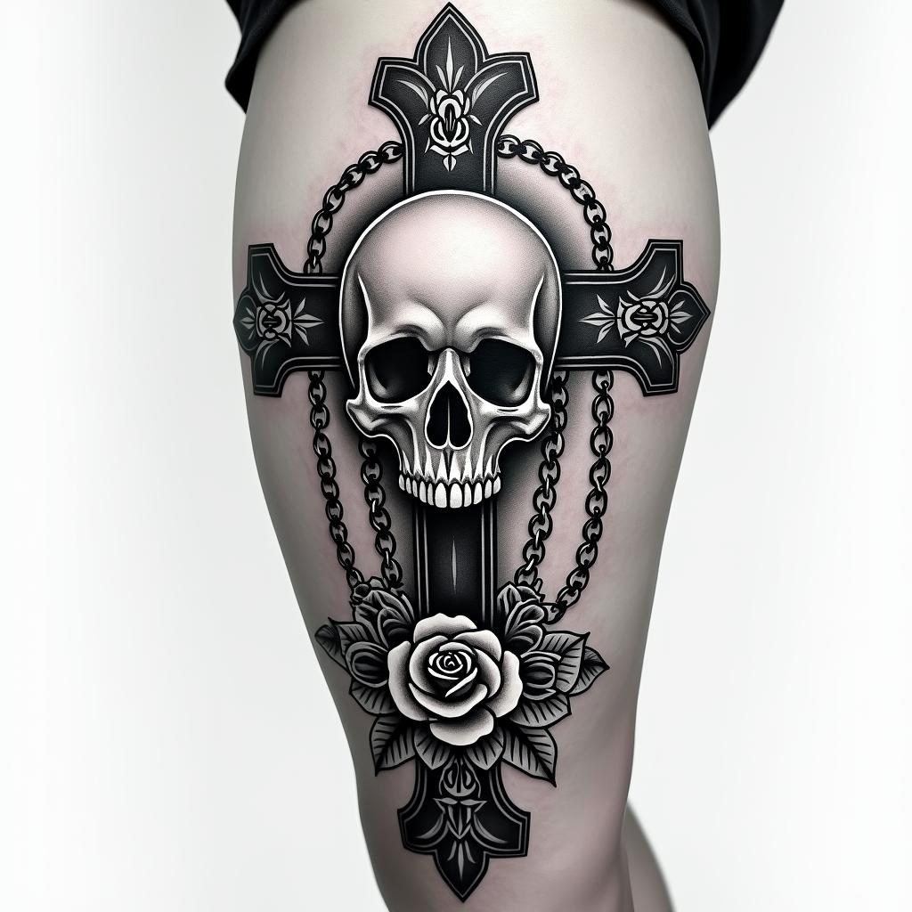 Cross tattoo on thigh for menin chicano style tattoo, featuring intricate black and grey shading, bold elements of traditional chicano culture symbols, add a big cross with skull, chains and roses - Variation 4