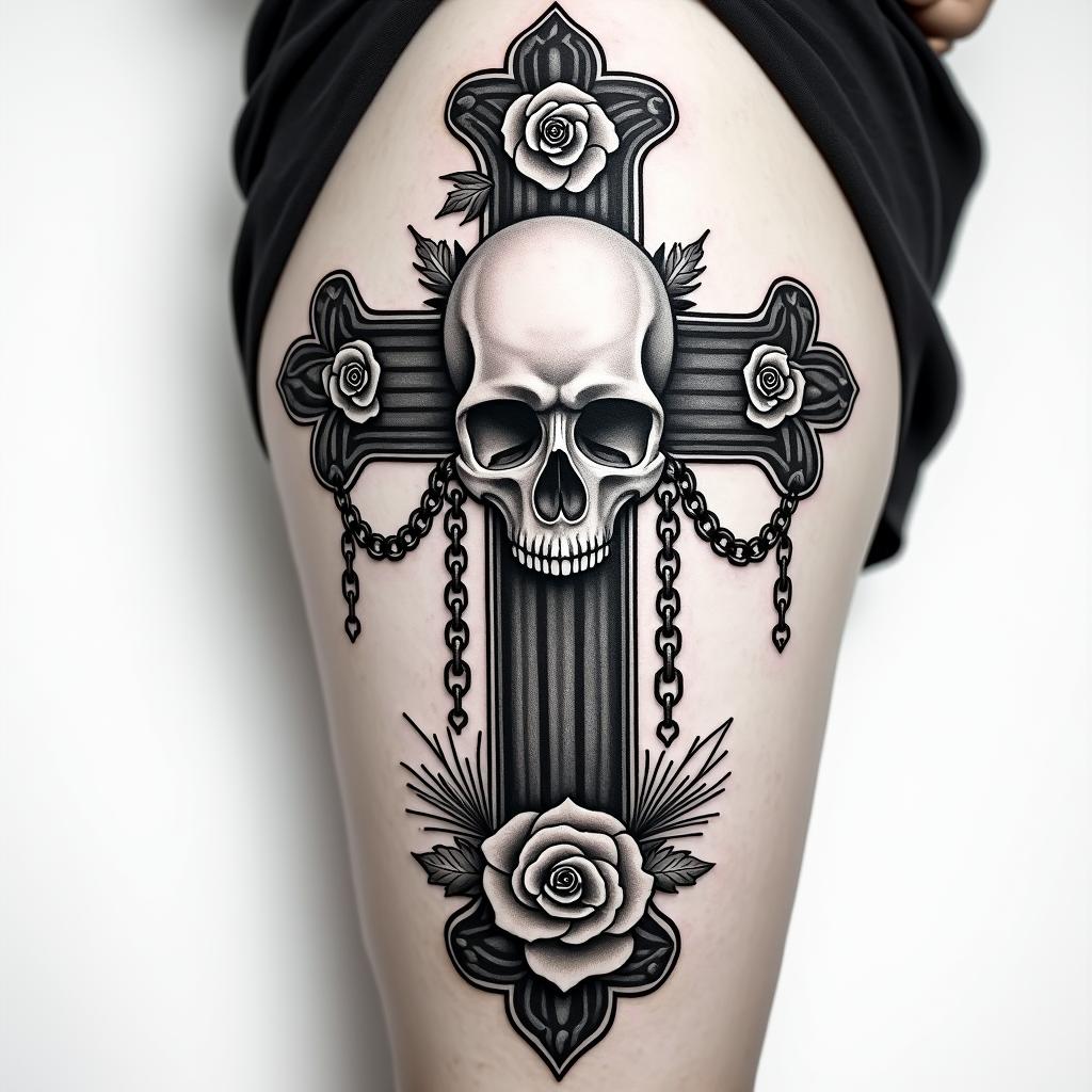 Cross tattoo on thigh for menin chicano style tattoo, featuring intricate black and grey shading, bold elements of traditional chicano culture symbols, add a big cross with skull, chains and roses - Variation 3