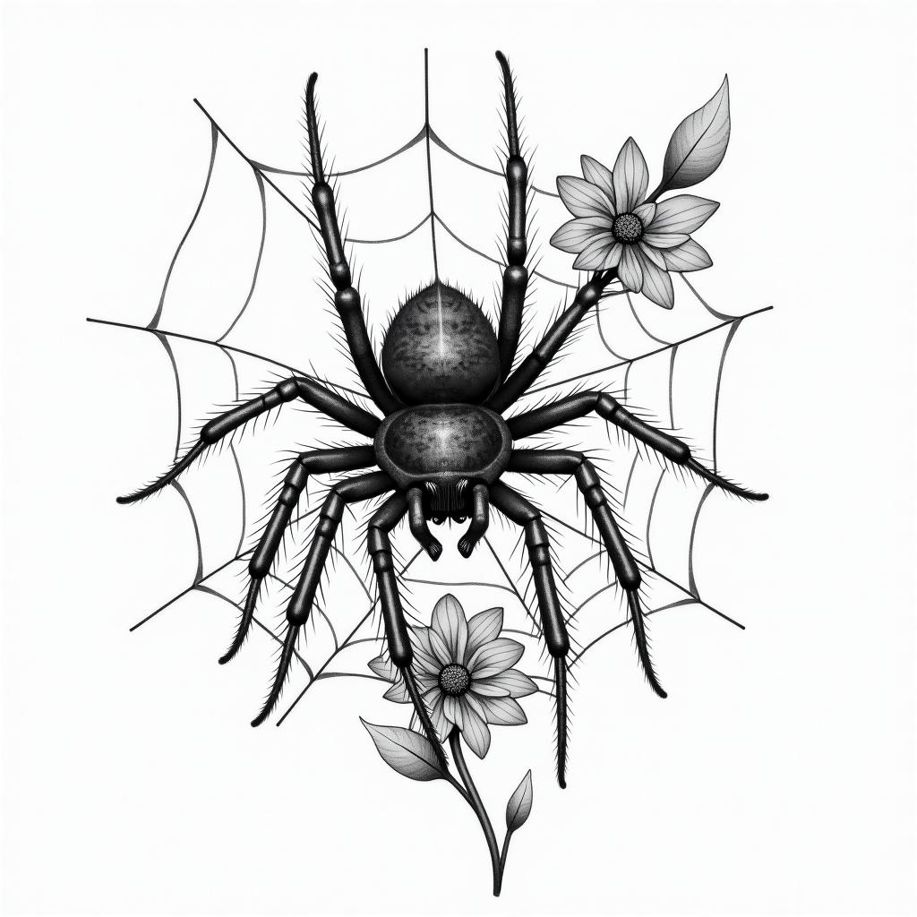 Small spider on web with flowers with stemin portrait tattoo style, featuring a highly realistic and detailed depiction  - Variation 52