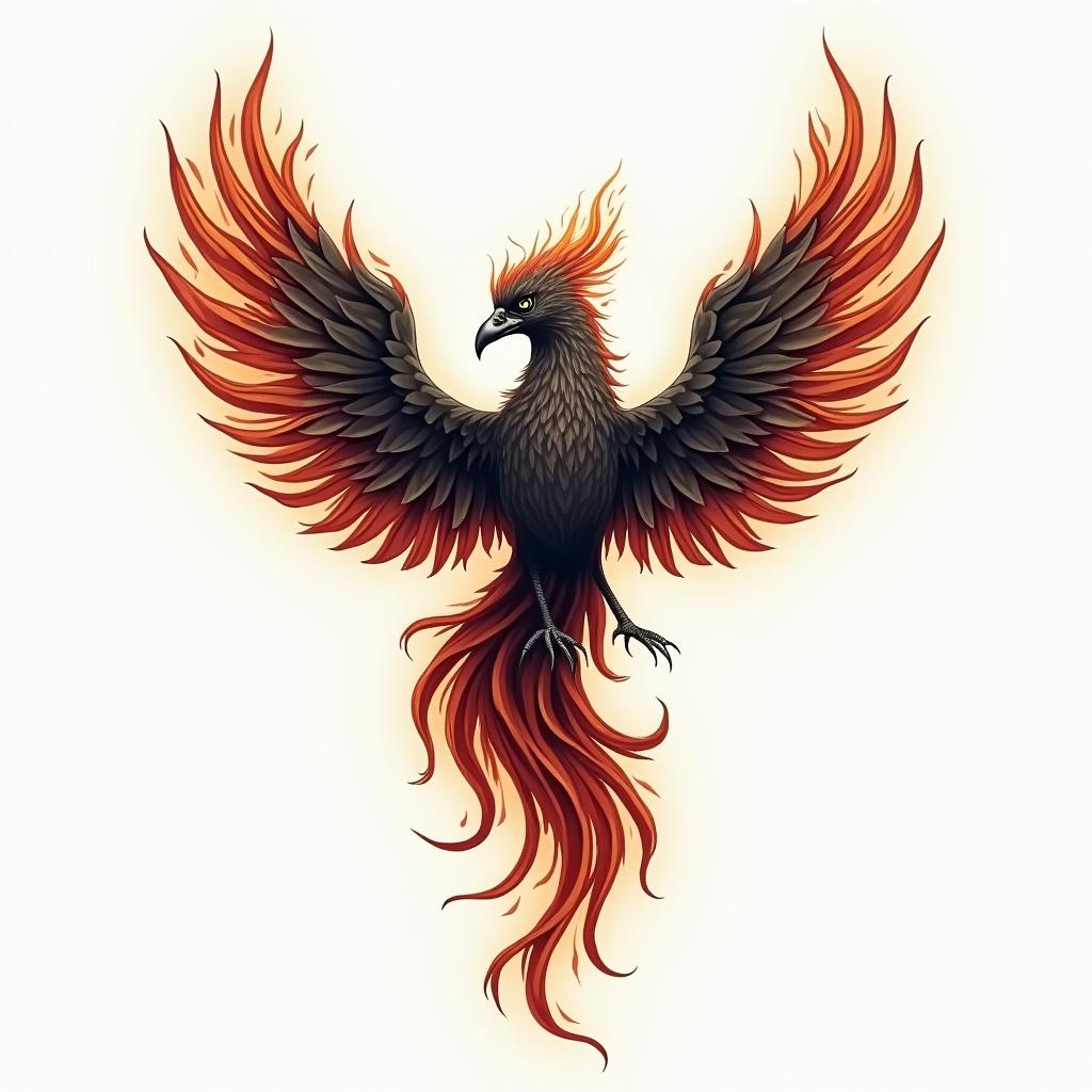 Medical symbol with phoenixin flame tattoo style showcasing fiery elements with dynamic flame patterns, glowing effect of flames, natural colors - Variation 2