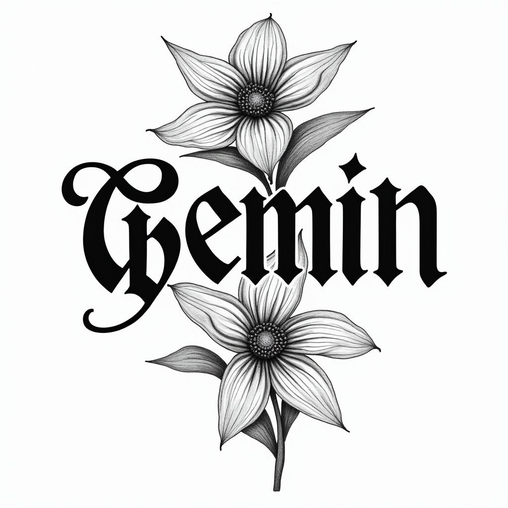 Wildflowers, Gemini, Gothictext-based tattoo, gothic font ultra-realistic, perfectly placed, high-quality font design, photo-realistic shading, 8k, high quality, finely detailed typography