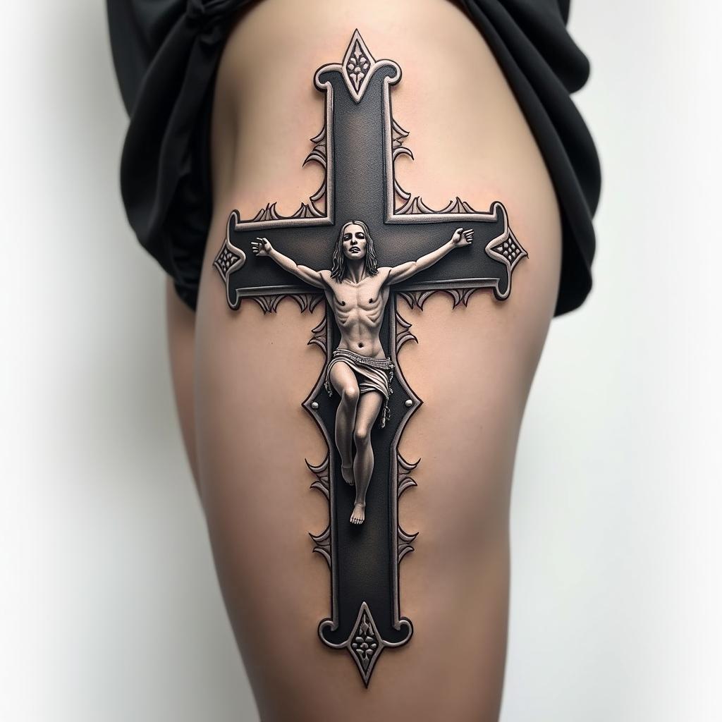 Cross tattoo on thigh for menin portrait tattoo style, featuring a highly realistic and detailed depiction  - Variation 4