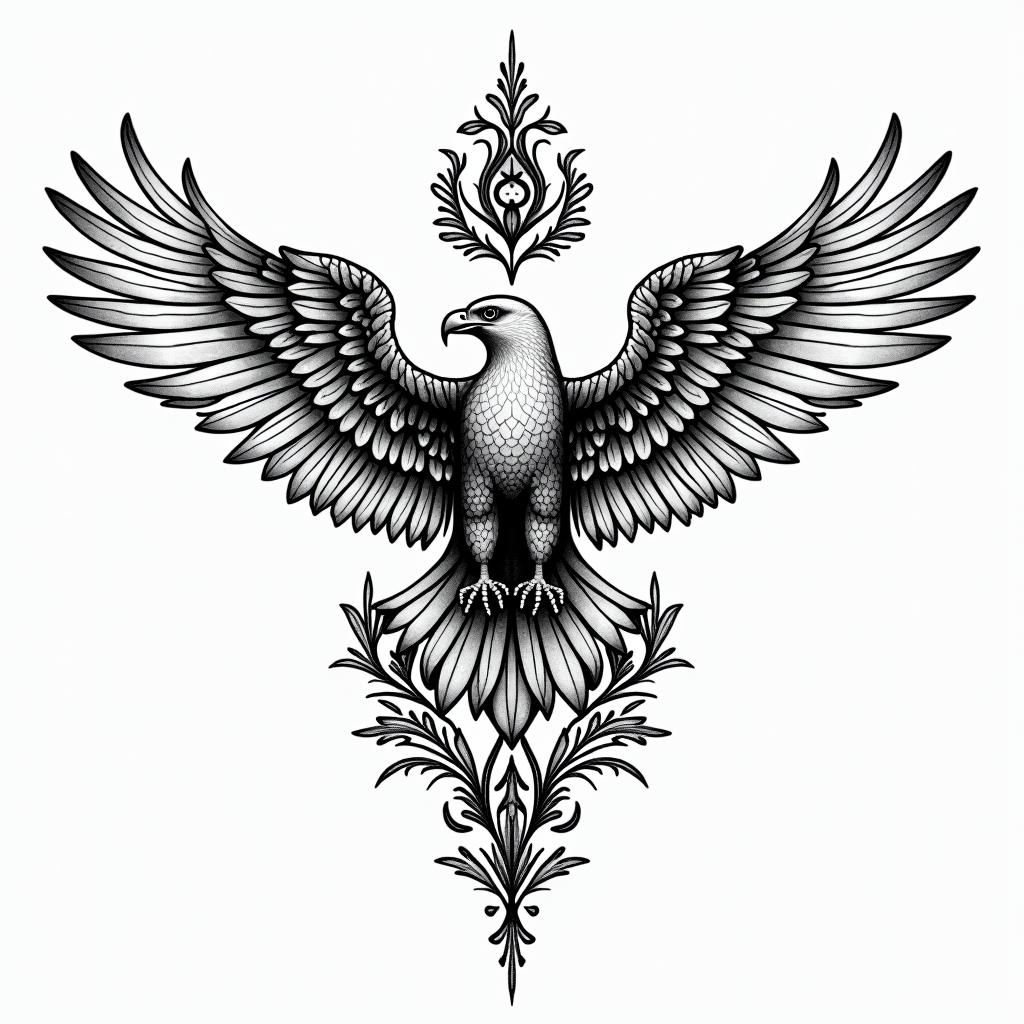 Flávio, virgin, Eaglein ornamental tattoo style, featuring intricate symmetrical patterns and floral designs, showcasing highly detailed line work and geometric shapes, creating a sense of elegance and balance - Variation 4