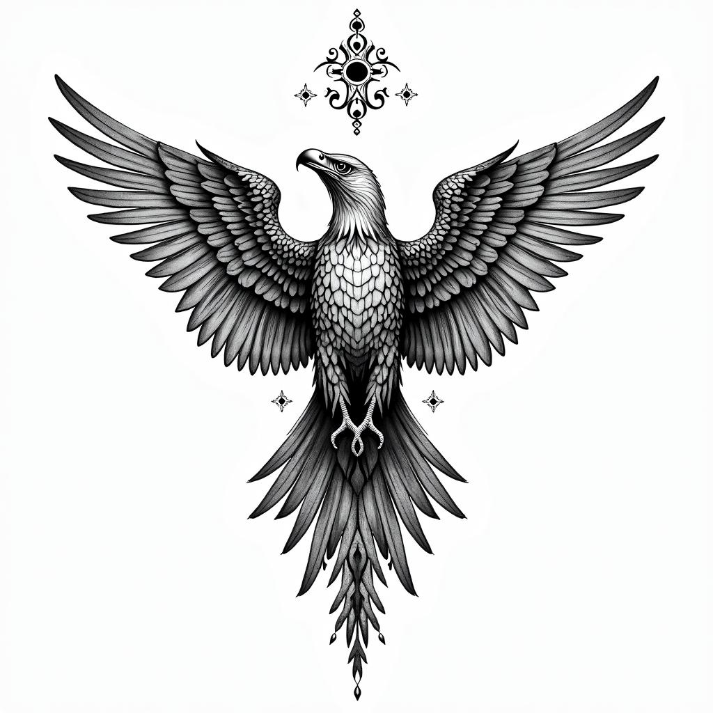 Flávio, virgin, Eaglein ornamental tattoo style, featuring intricate symmetrical patterns and floral designs, showcasing highly detailed line work and geometric shapes, creating a sense of elegance and balance - Variation 2