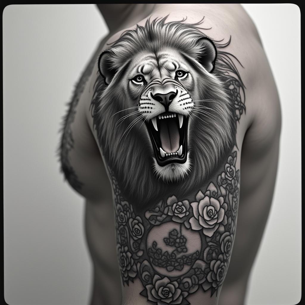 Roaring lion with a flowing manein chicano style tattoo, featuring intricate black and grey shading, bold elements of traditional chicano culture symbols, add a big cross with skull, chains and roses - Variation 4