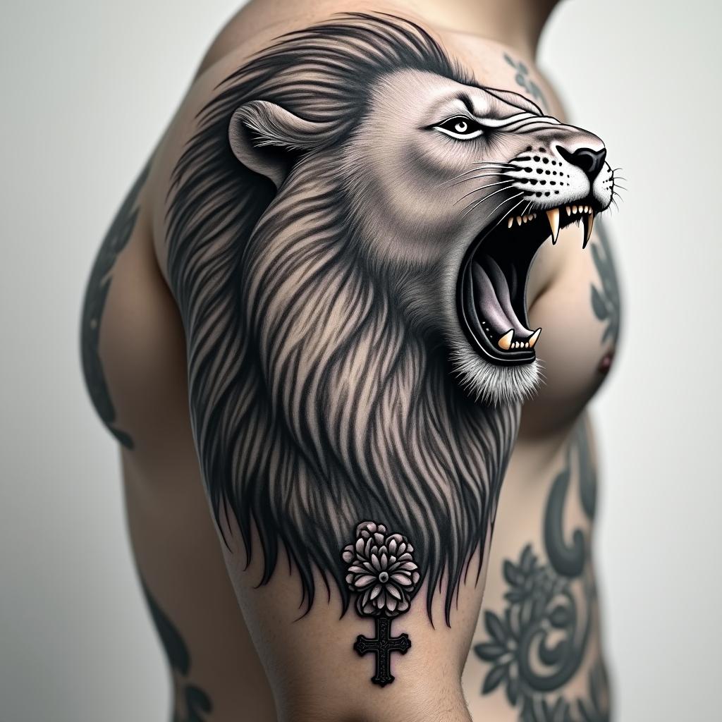 Roaring lion with a flowing manein chicano style tattoo, featuring intricate black and grey shading, bold elements of traditional chicano culture symbols, add a big cross with skull, chains and roses