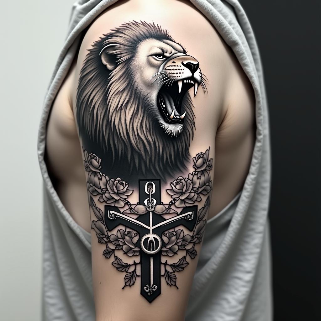 Roaring lion with a flowing manein chicano style tattoo, featuring intricate black and grey shading, bold elements of traditional chicano culture symbols, add a big cross with skull, chains and roses - Variation 3