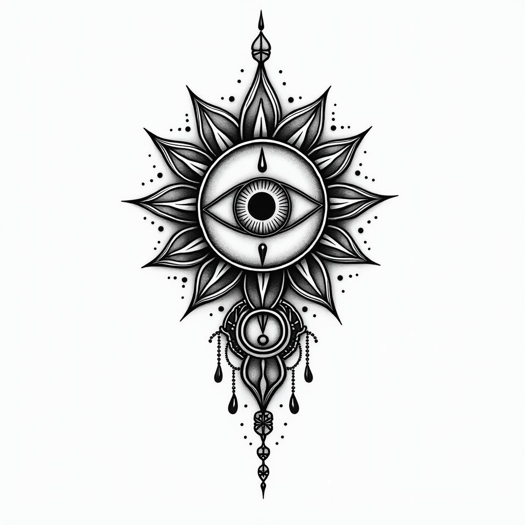 Garrett, Taurus, Fallonin spiritual symbols tattoo style, featuring an intricate design incorporating elements, Hamsa hand, third eye, minimalist composition