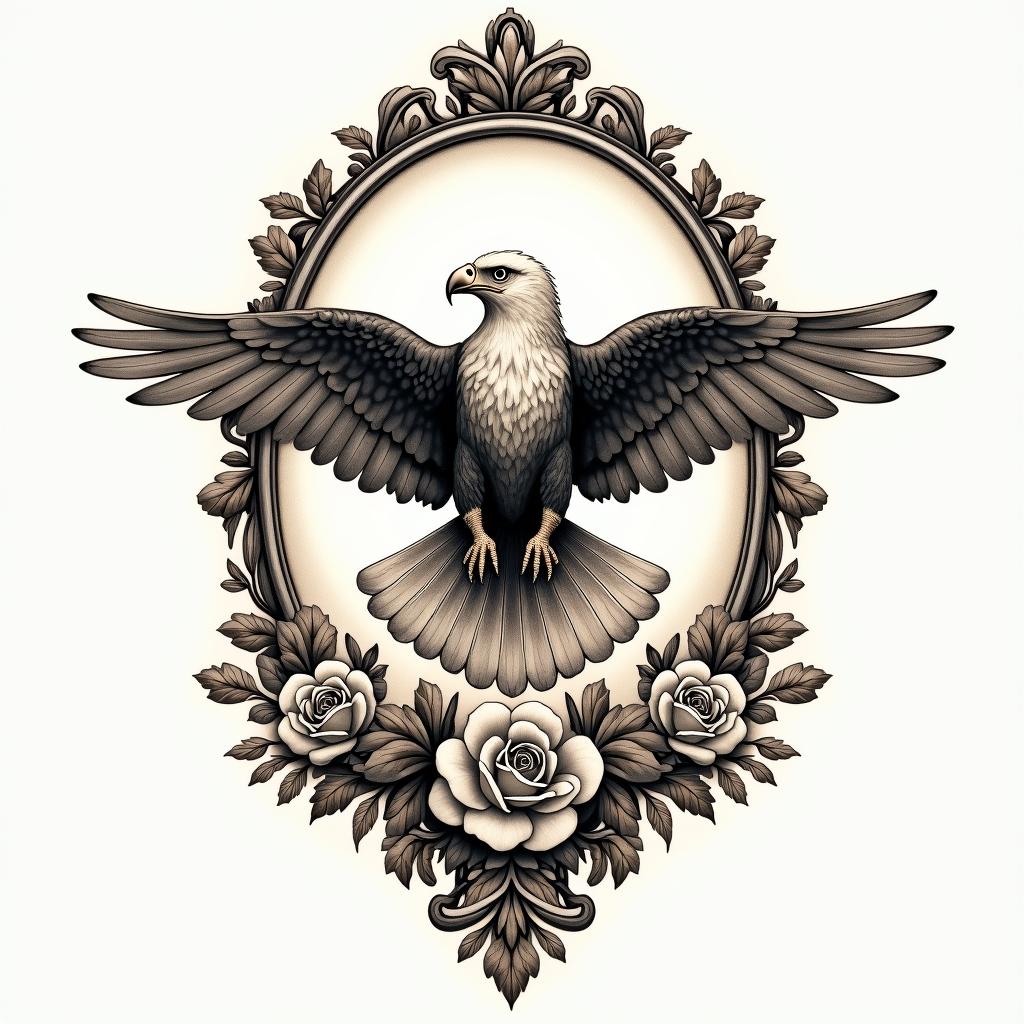 Flávio, virgin, Eaglein victorian style tattoo, featuring vintage and elegant elements, ornate frames, roses, antique, sepia-toned color scheme