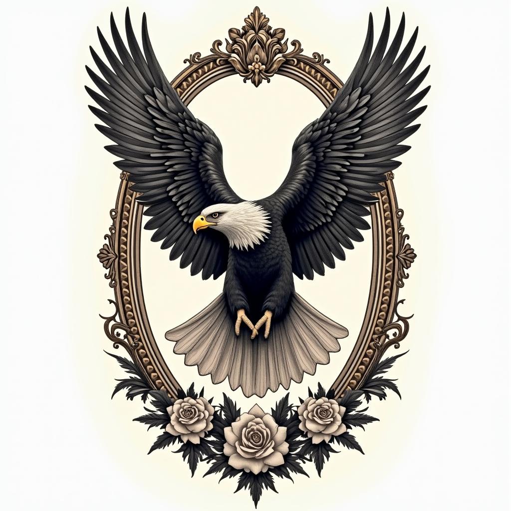 Flávio, virgin, Eaglein victorian style tattoo, featuring vintage and elegant elements, ornate frames, roses, antique, sepia-toned color scheme - Variation 3