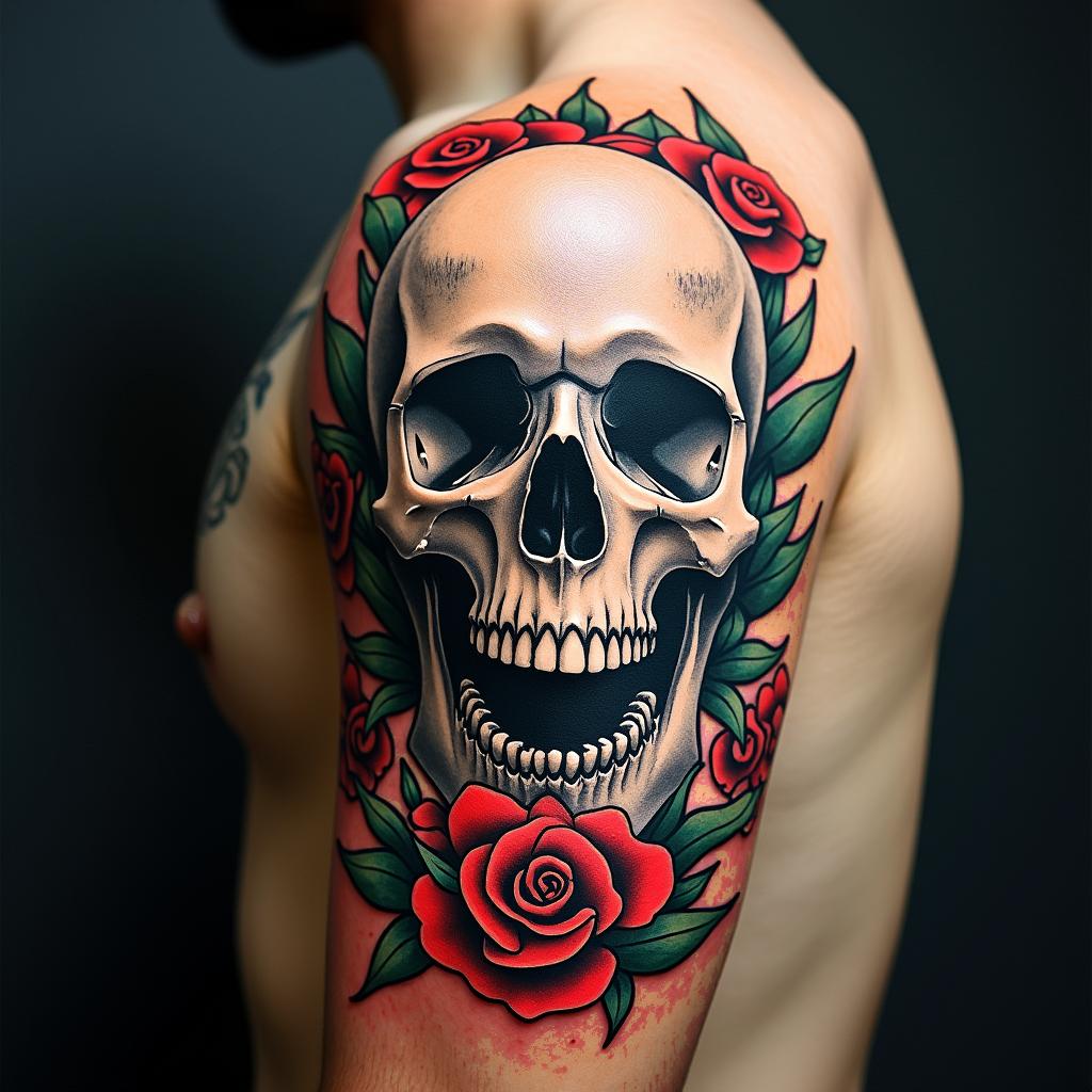 Death comes for us allin pop art style tattoo, featuring bold and vibrant colors, exaggerated outlines, iconic imagery, inspired by comic books and speech bubbles, comic book characters, retro pop culture - Variation 4