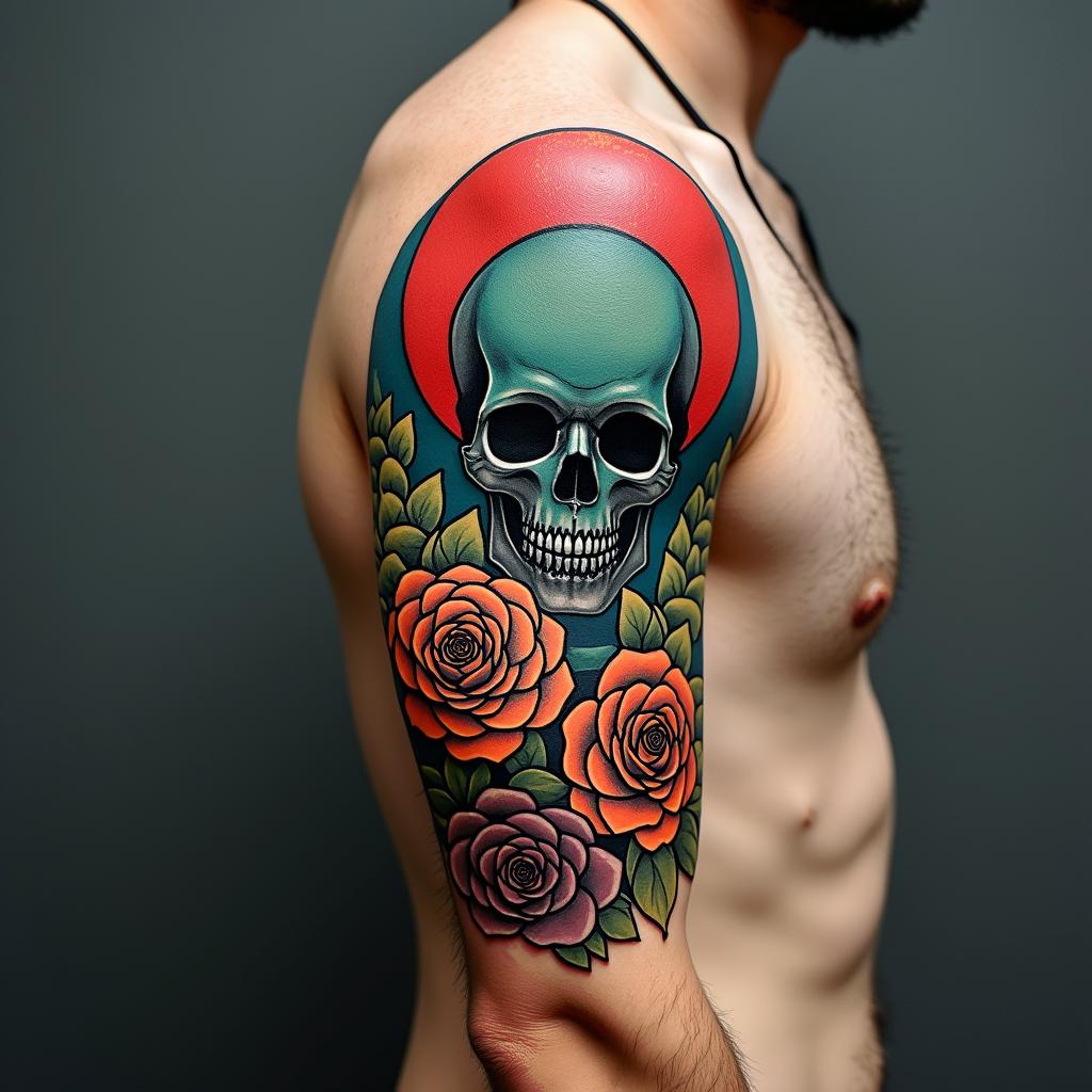 Death comes for us allin pop art style tattoo, featuring bold and vibrant colors, exaggerated outlines, iconic imagery, inspired by comic books and speech bubbles, comic book characters, retro pop culture - Variation 3