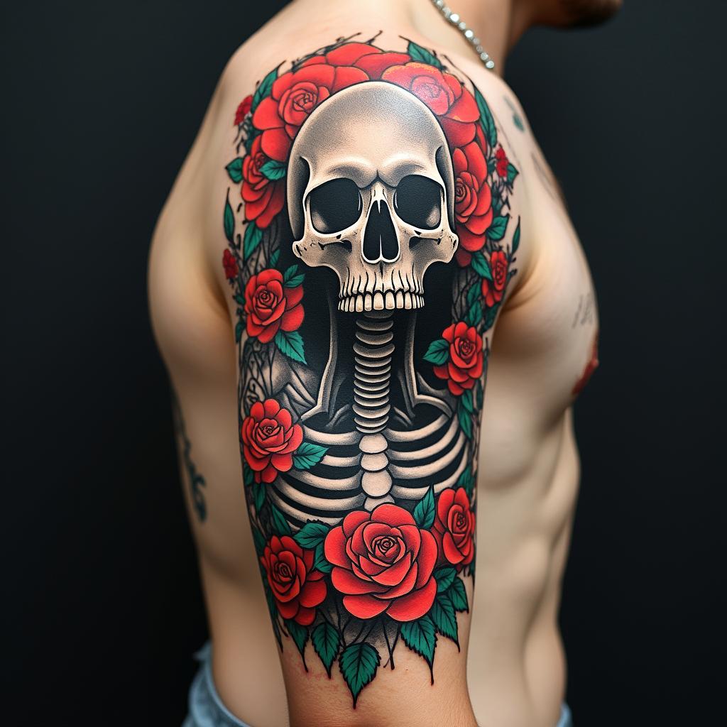 Death comes for us allin pop art style tattoo, featuring bold and vibrant colors, exaggerated outlines, iconic imagery, inspired by comic books and speech bubbles, comic book characters, retro pop culture
