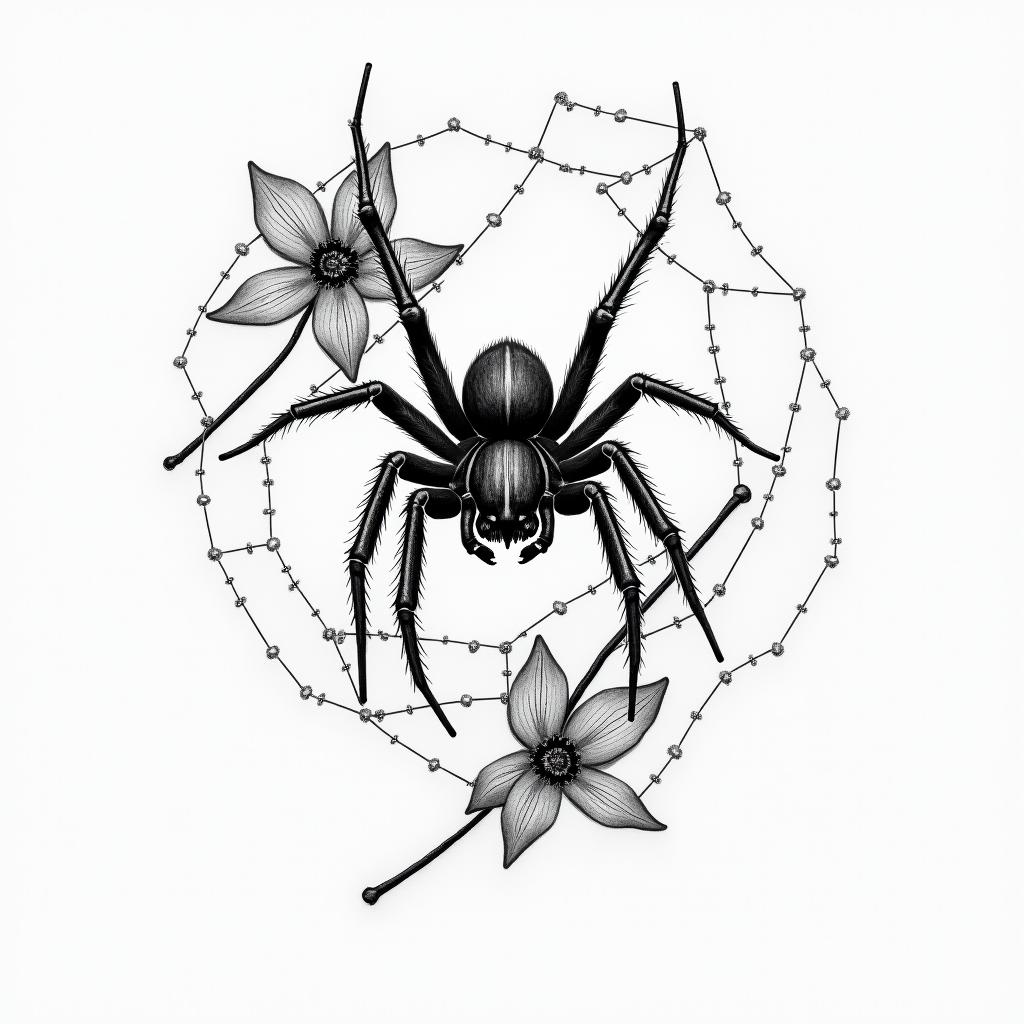 Small spider on web with flowers with stemin portrait tattoo style, featuring a highly realistic and detailed depiction  - Variation 43