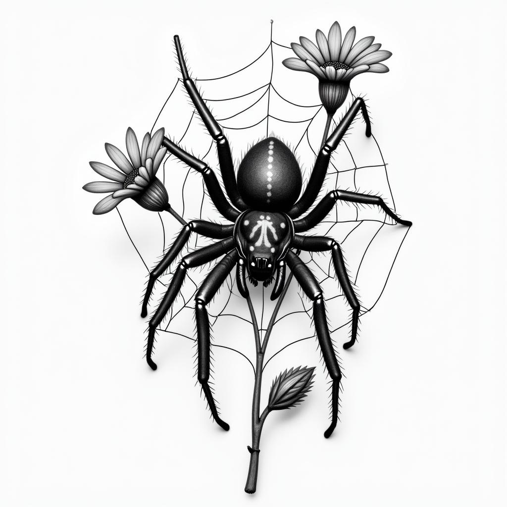 Small spider on web with flowers with stemin portrait tattoo style, featuring a highly realistic and detailed depiction  - Variation 44