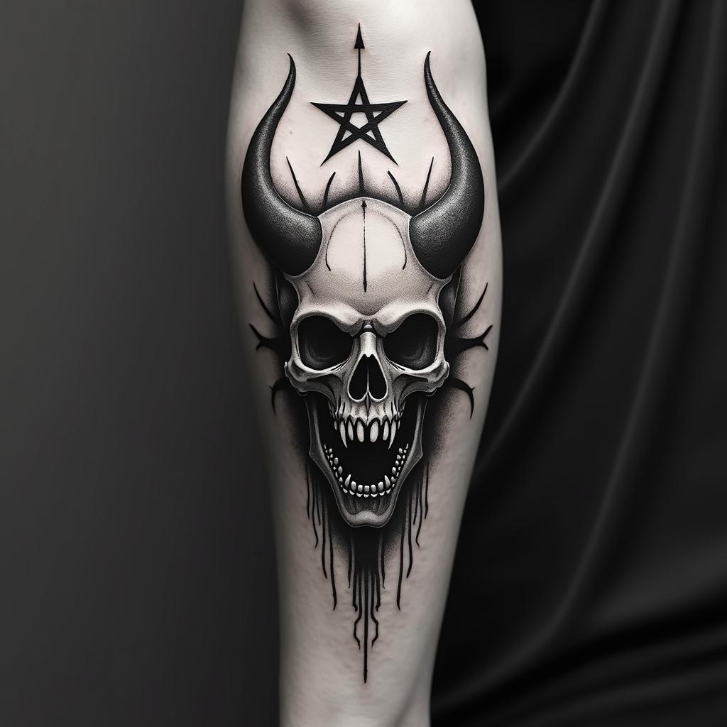 Death comes for us allcreepy horror tattoo style, featuring an eerie and unsettling skull of a demonic creature, distorted face with sharp fangs, add pentagram symbol