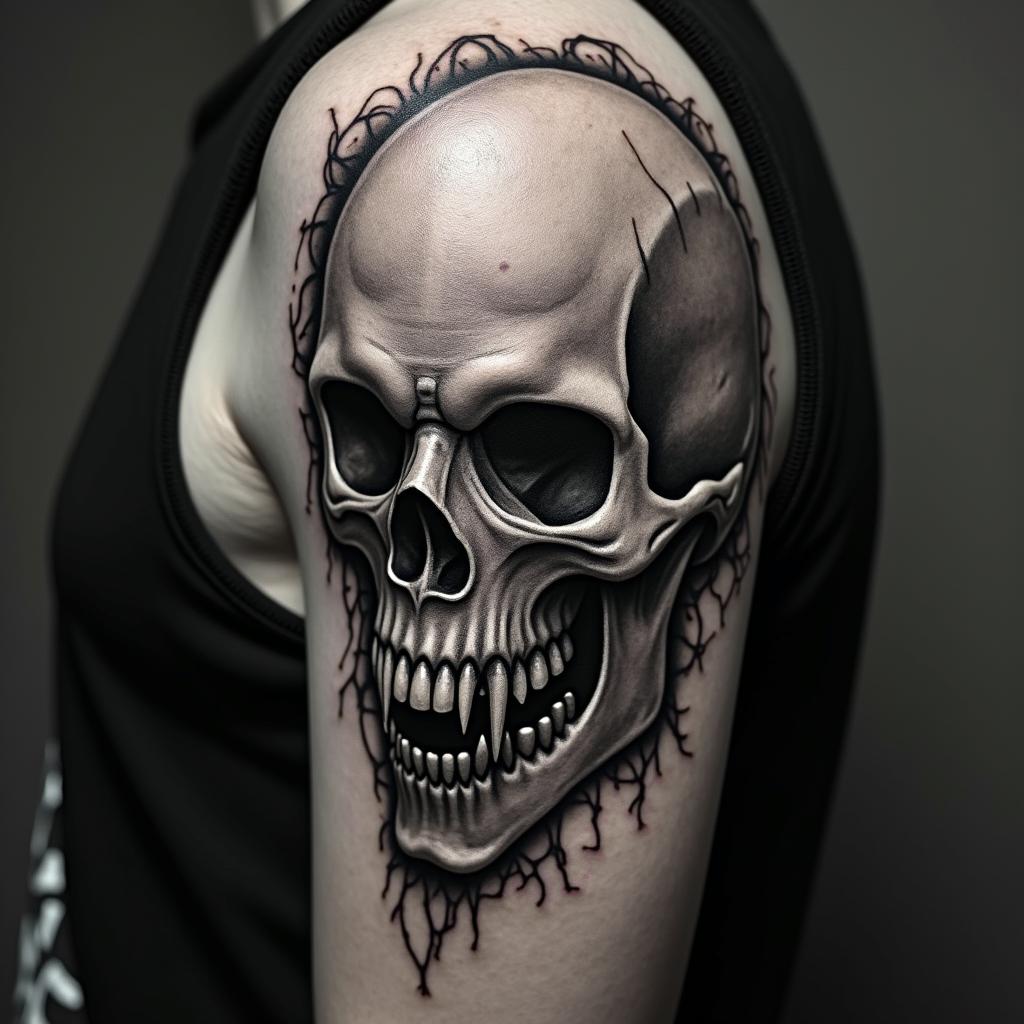 Death comes for us allcreepy horror tattoo style, featuring an eerie and unsettling skull of a demonic creature, distorted face with sharp fangs, add pentagram symbol - Variation 2
