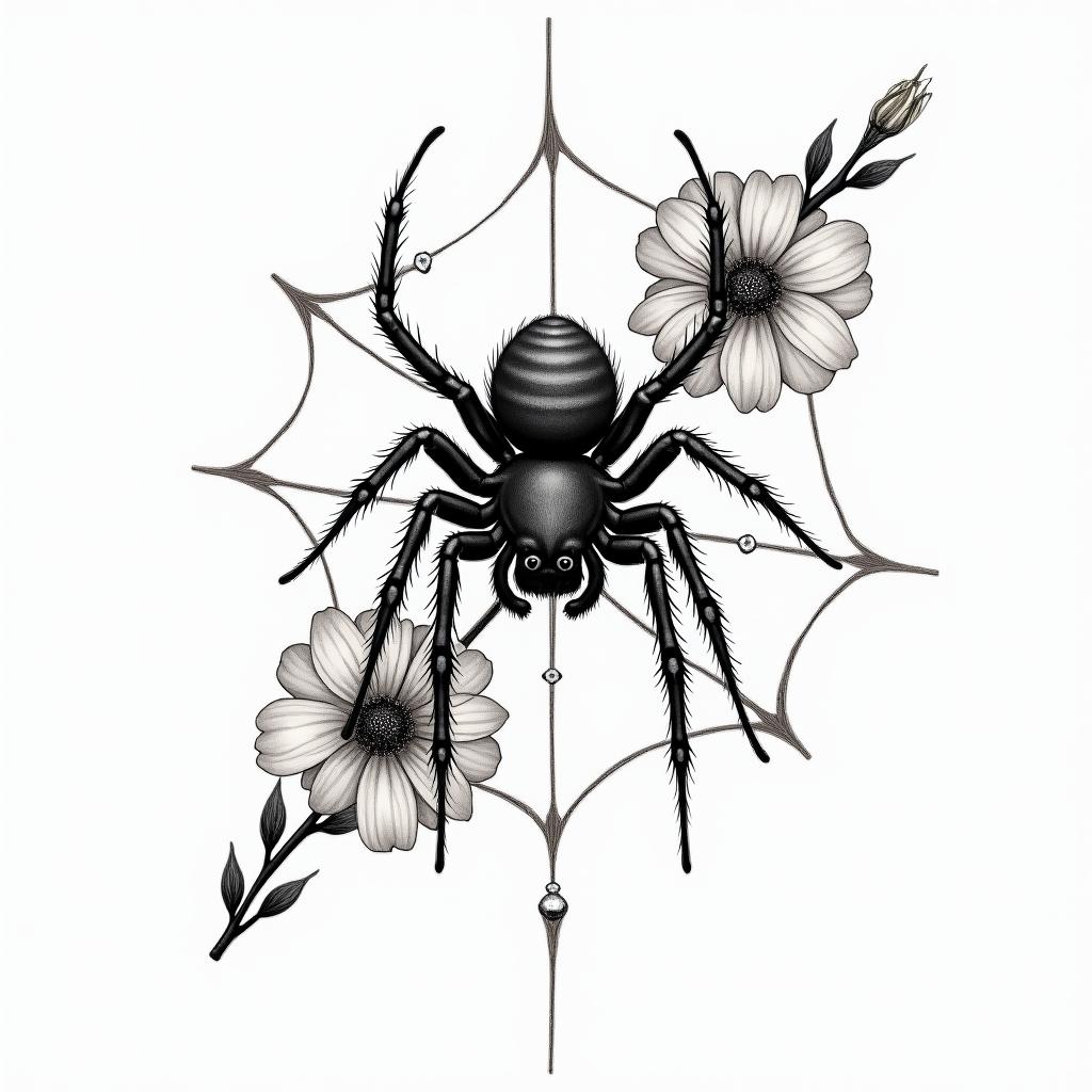 Small spider on web with flowers with stemin portrait tattoo style, featuring a highly realistic and detailed depiction  - Variation 39