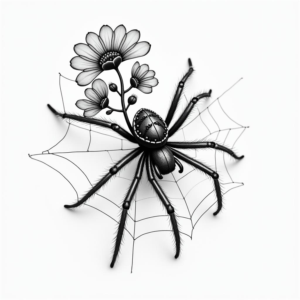 Small spider on web with flowers with stemin portrait tattoo style, featuring a highly realistic and detailed depiction  - Variation 38