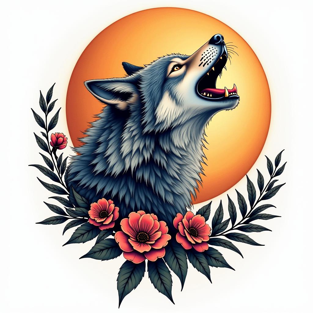 Howling wolf under a full moonin bohemian style tattoo, 8k - Variation 9