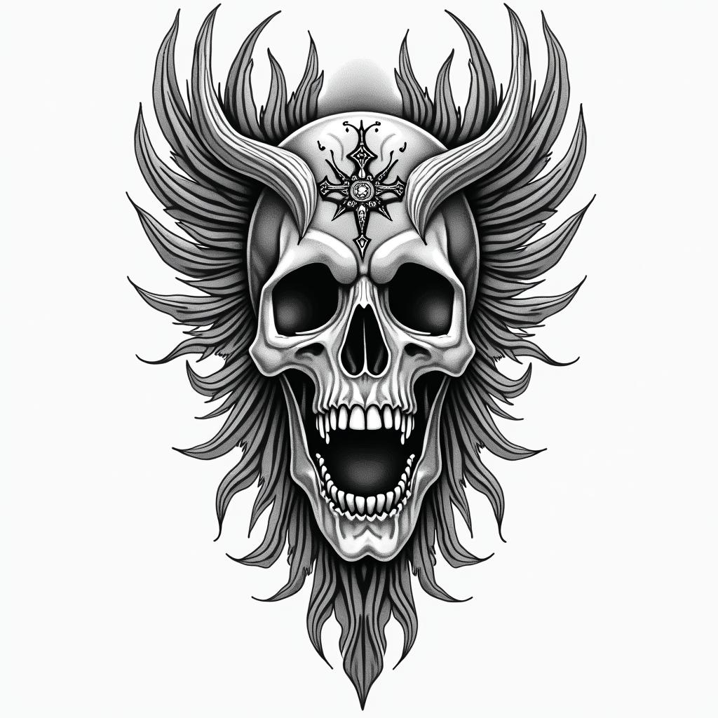 Deliver me from all evil disguised as good.in authentic tattoo style, incorporating traditional modifications, bold black outlines, solid color fills, featuring classic authentic elements
