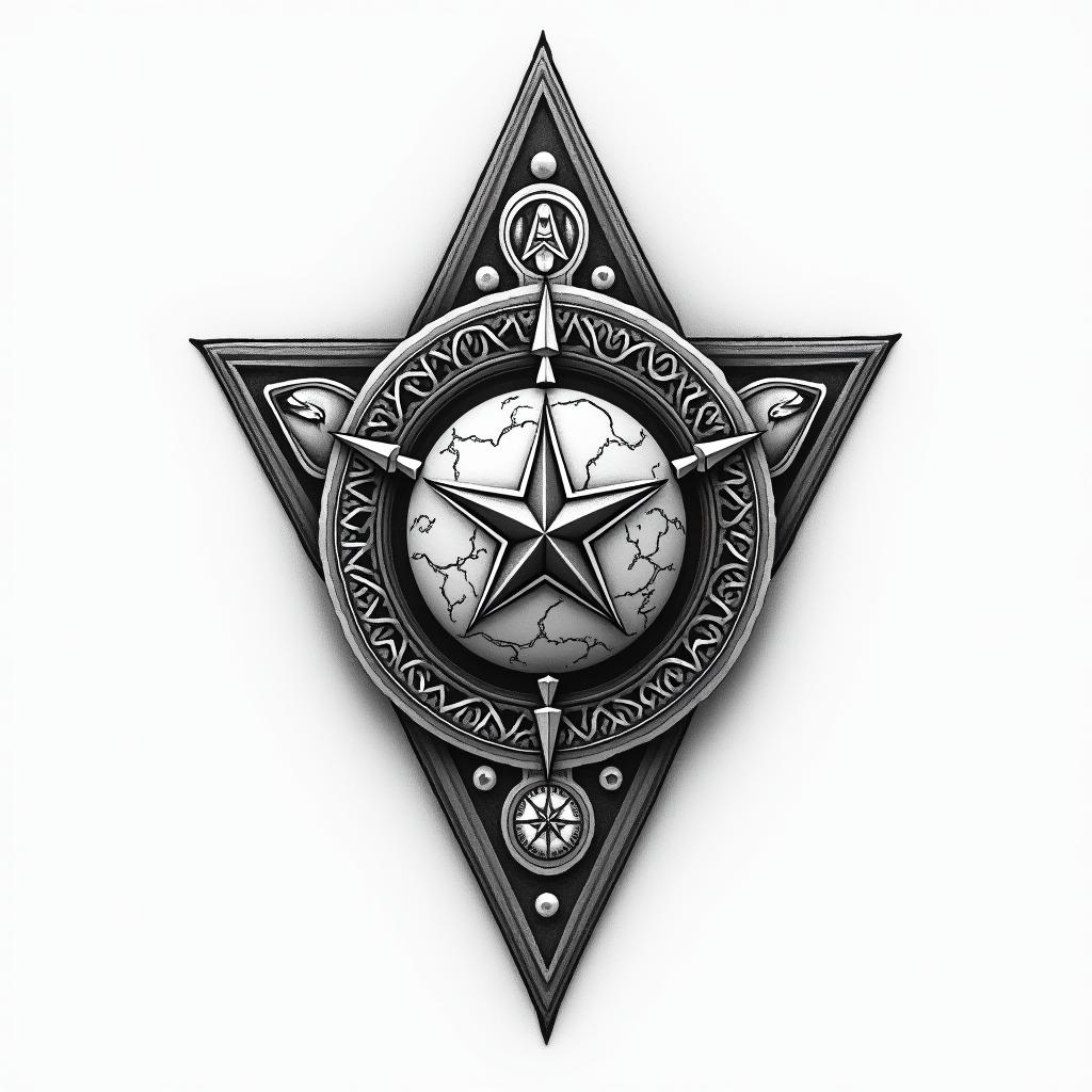 Traditional dice, compass rose, world map, infinity symbolhigly detailed tattoo - Variation 5