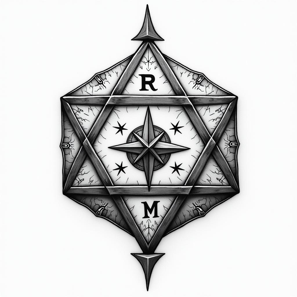 Traditional dice, compass rose, world map, infinity symbolhigly detailed tattoo - Variation 8