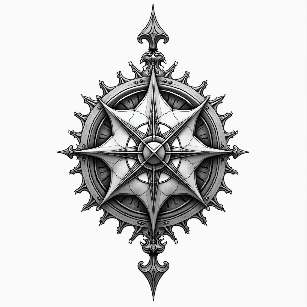 Traditional dice, compass rose, world map, infinity symbolhigly detailed tattoo - Variation 7