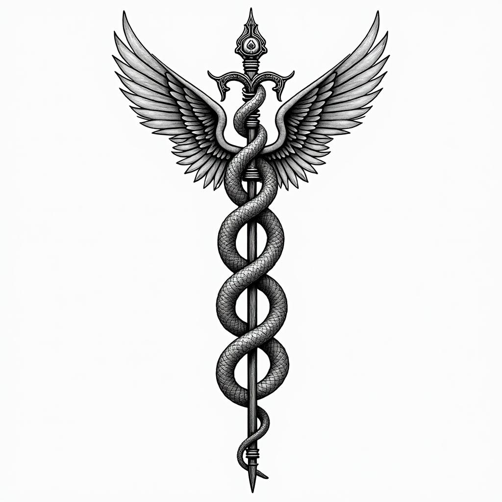 Symbol of medicine with the 2 intertwined snakes around the staff with 2 wings on the front of the shin below the kneecap.in ornamental tattoo style, featuring intricate symmetrical patterns and floral designs, showcasing highly detailed line work and geometric shapes, creating a sense of elegance and balance - Variation 3